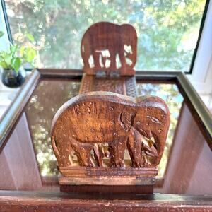 Vintage Carved Wood Expandable Book Holder Elephant Book Rack